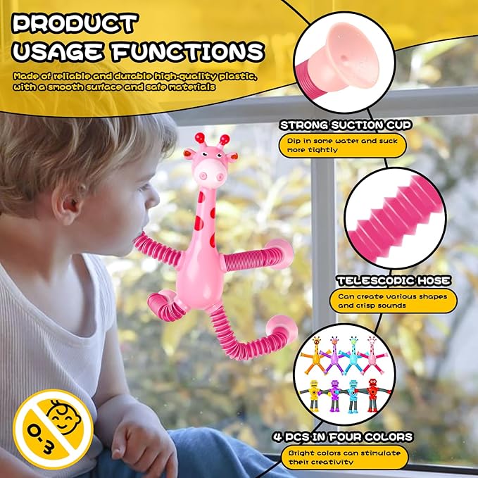 Giraffe Sensory Toys 4Pcs Gift for Toddlers Girls Year Old Ages 3 4 5 6 7 8 9 10, Suction Autism Toy Pop Tube Fidget Toys Autistic Travel Toys Stocking Easter Basket Stuffer Valentine Gift for Kids