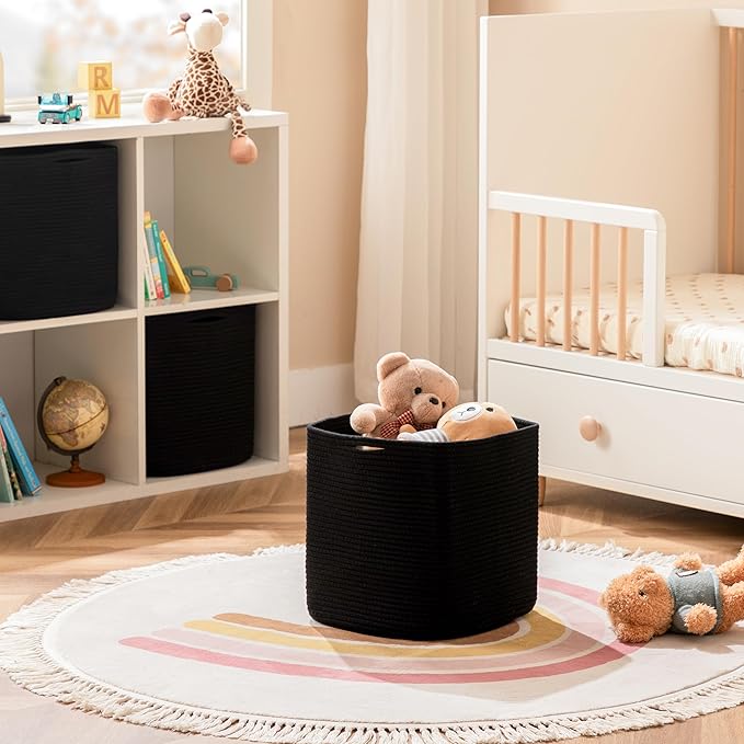 joybest Cube Storage Bins Set of 4, 13inch Cube Baskets Organizer for Nursery, Square Cotton Rope Baskets for Shelves Organizing, Kids Toy, Closet Storage, Black