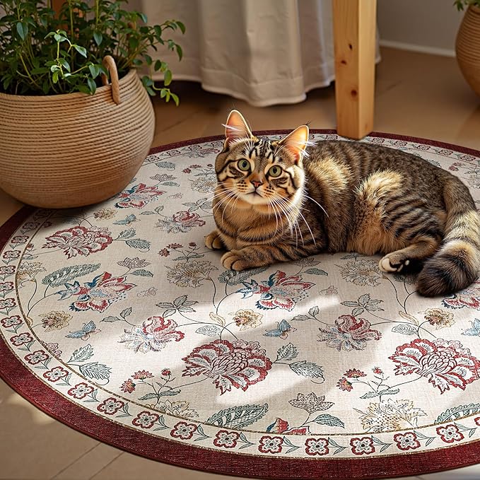 jinchan 5ft Floral Round Rug for Entryway Washable Kitchen Rug Vintage Romance Design Non Slip Indoor Doormat Lightweight Low-Profile Throw Carpet for Living Room Dining Room Bedroom, Red/Beige