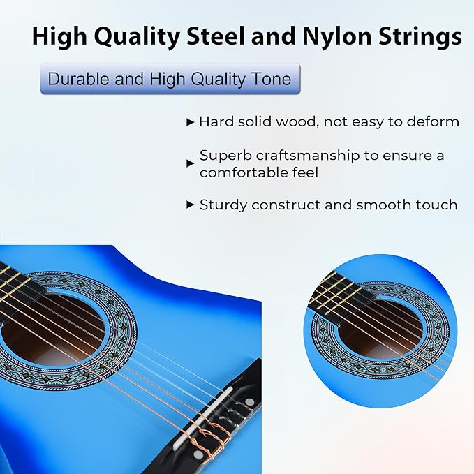 ADM Beginner Acoustic Classical Guitar 34 Inch Nylon Strings Wooden Guitar Bundle Kit for Kid Boy Girl Student Youth Guitarra Online Lessons with Gig Bag, Strap, Tuner, Strings, Picks, Blue