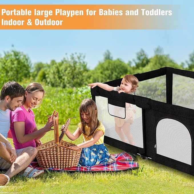 Foldable Baby Playpen with Gate, Extra Large Collapsible Play Yard for Babies & Toddlers, Portable Travel Play Pen with Fence, Safe Activity Center for Indoor & Outdoor Use (51"×51" Black)