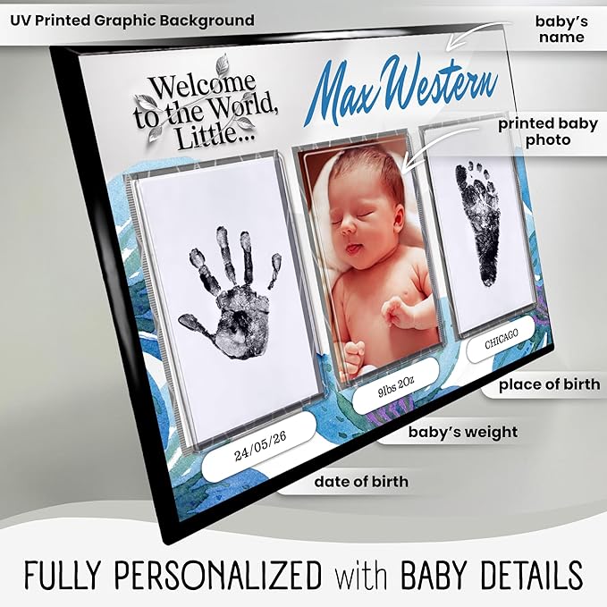 Baby Hand and Footprint Kit with Photo & Birth Details, Inkless Hand and Footprint Kit, Newborn Keepsake Plaque, Baby Shower Gifts (STYLE 1 (Fully Personalized) (Welcome To The World - Baby Boy))