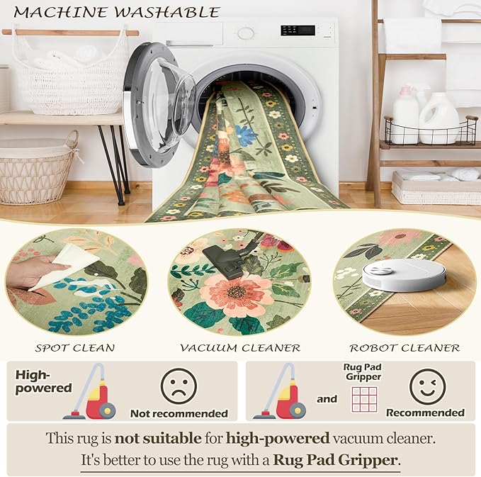 Floral 9x12 Area Rug Machine Washable Soft Print Boho Carpet Non Slip Doormat Low Pile Flower Area Rugs for Living Room Bedroom Nursery Kitchen Dining Room Indoor-Light Green