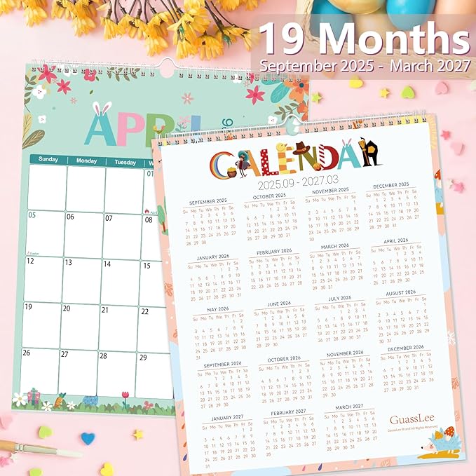 GuassLee Wall Calendar 2025-2026, Vertical Wall Calendar 2026, Sept. 2025 to Mar. 2027, 14" X 11.5" 19-Month Holiday Calendar Hanging Planner Wall for Home School Office Planning & Organizing