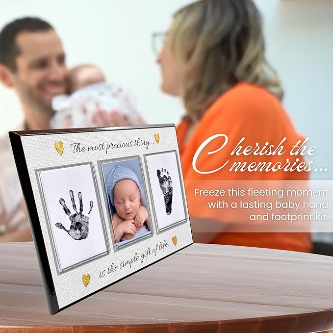 Baby Hand and Footprint Kit with Photo & Birth Details, Inkless Hand and Footprint Kit, Newborn Keepsake Plaque, Baby Shower Gifts (STYLE 2 (Baby Shower) (Most Precious Thing))