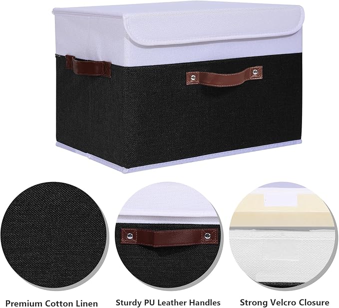 ANMINY 4PCS Storage Boxes with Lid Washable Decorative Storage Bins Basket with PU Leather Handle Foldable Linen Fabric Storage Cubes Containers for Home Closet Organizer - Black White, Large Size