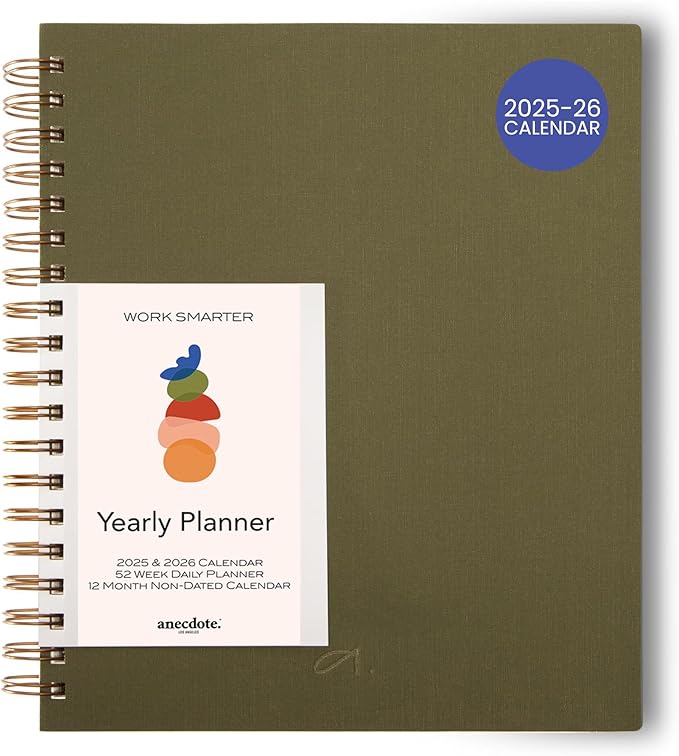 Anecdote Planner 2026 (8.5" x 10") Daily Planner Weekly Monthly Planner - 52 Weeks w/Library Buckram Cover, Brass Spiral - A4 Size Bleed-Resistant Paper – Olive Green