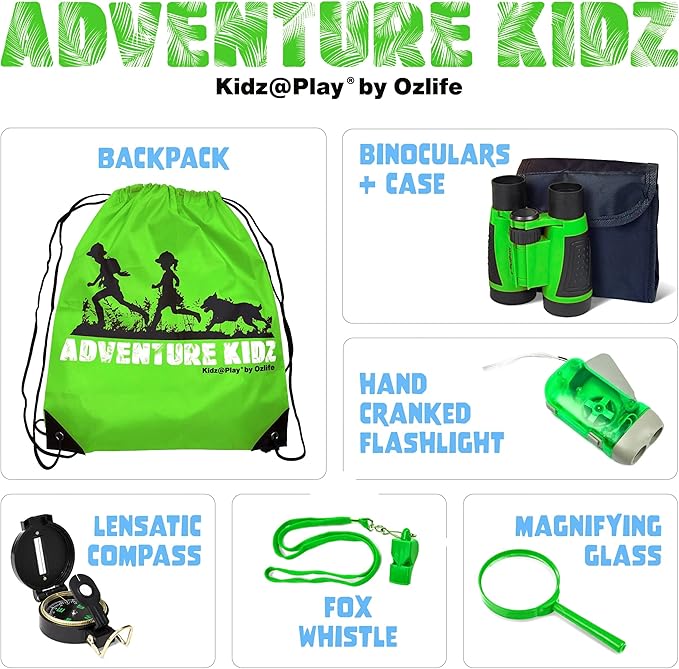 Adventure Kidz Outdoor Exploration Kit, Children’s Binoculars with Case, Flashlight, Compass, Whistle, Magnifying Glass, Backpack. Great Kids Gift Set for Camping, Hiking, STEM and Pretend Play