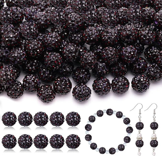 200pcs 10mm Rhinestone Beads for Jewelry Making, Dark Purple Shiny Round Disco Ball Beads Bulk, Sparkle Crystal Clay Christmas for Bracelet Baseball Necklace Earring Crafting and DIY
