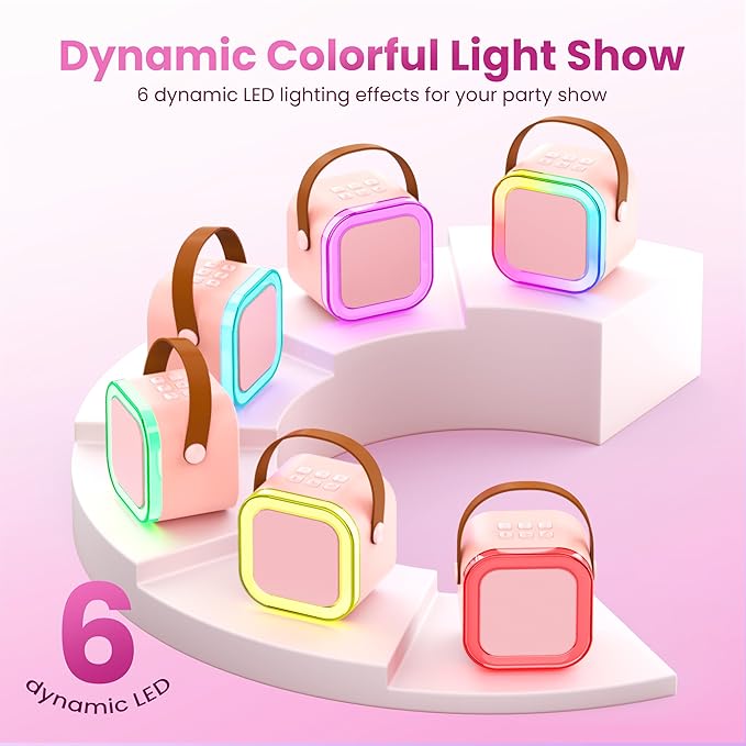 Karaoke Machine for Kids Adults, Portable Bluetooth Mini Karaoke Microphone Singing Speaker with 2 Mic and Light,Toys for All Smartphones,Birthday, Family,Home Party (Pink)