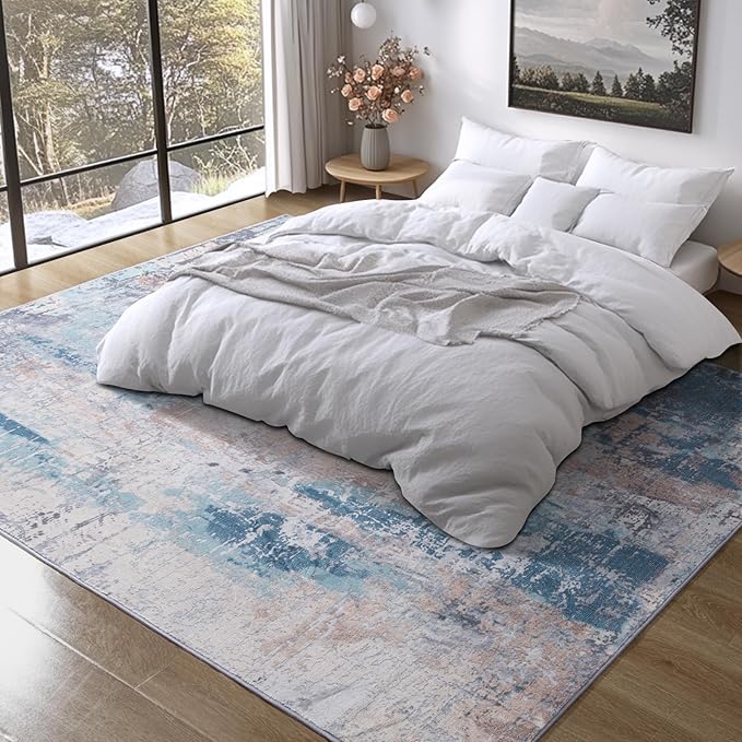 Area Rug Living Room Rug, 4x6 Modern Abstract Washable Rug Beige Blue Non Slip Foldable Faux Wool Vintage Carpet, Fluffy Non-Shedding Rugs for Living Room, Bedroom, Dining Room, Kids Playroom