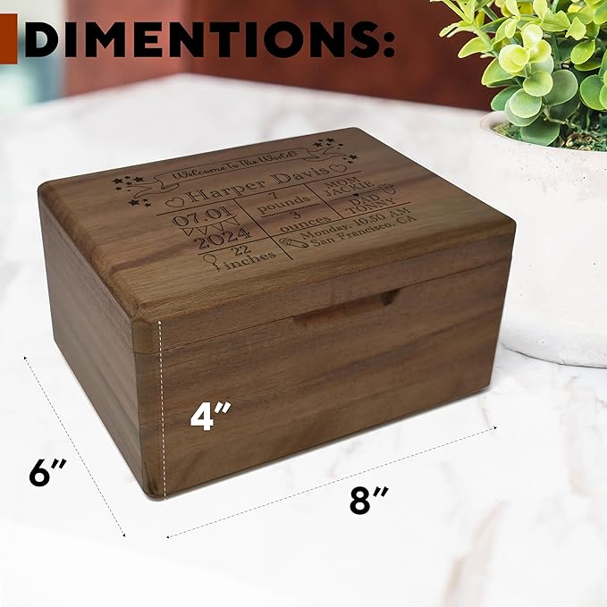 Baby Keepsake Box - Personalized Newborn Memory Box, Acacia Wood Decorative Boxes for Kids, Engraved Birth Stats Wooden Crate for Boys & Girls, Birth Statistics Wooden Chest with Hinged Lid, 8x6x4 in