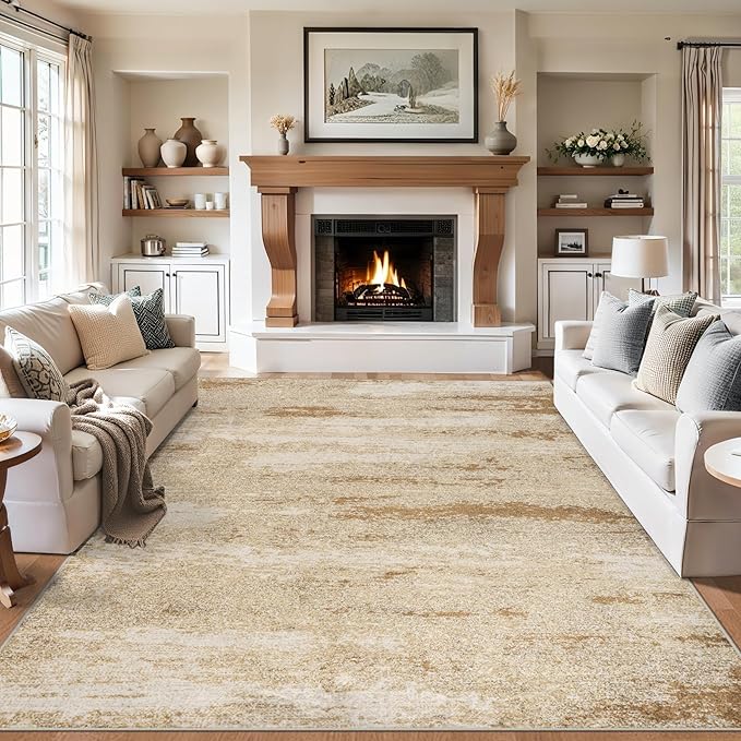 Area Rugs 9x12 Living Room - Washable Rug Modern Abstract Soft Large Neutral Non-Slip Carpet Indoor Floor Stain Resistant Thin Carpets for Bedroom Dining Room Farmhouse Nursery Home Office Beige