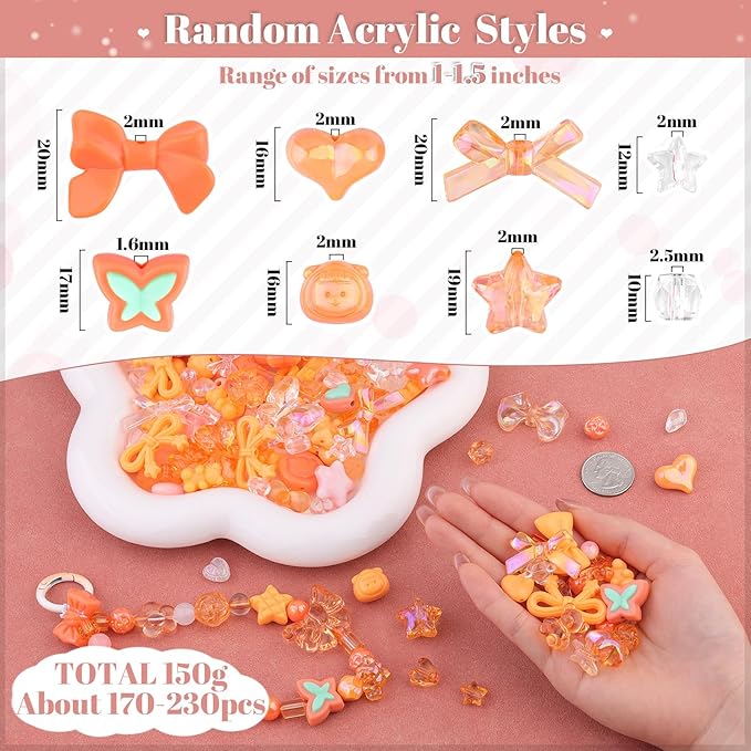 Assorted 170-230PCS Orange Acrylic Beads for Bracelet Making, Flower Bow Butterfly Candy GummyBear Aesthetic Bracelet Charms,Cute Beads for Jewelry Making DIY Necklace Keychain Phone Charm