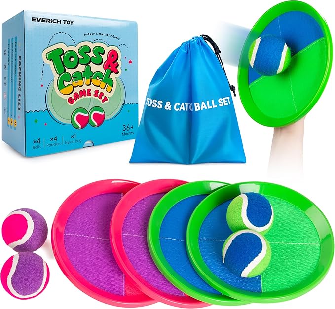 EVERICH Upgraded Toss and Catch Ball Game Set - Indoor and Outdoor Games for Kids 3-12, Beach Sand Pool Water Toy Includes 4 Paddles 4 Sticky Balls, Great Birthday Easter Gifts for Boys Girls