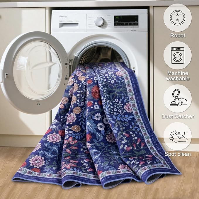 Area Rugs 9x12 Living Room: Floral Washable Rug Vintage Large Soft Boho Non-Slip Carpet Indoor Floor Stain Resistant Low Pile Carpets for Bedroom Dining Room Farmhouse Nursery Home Office Blue