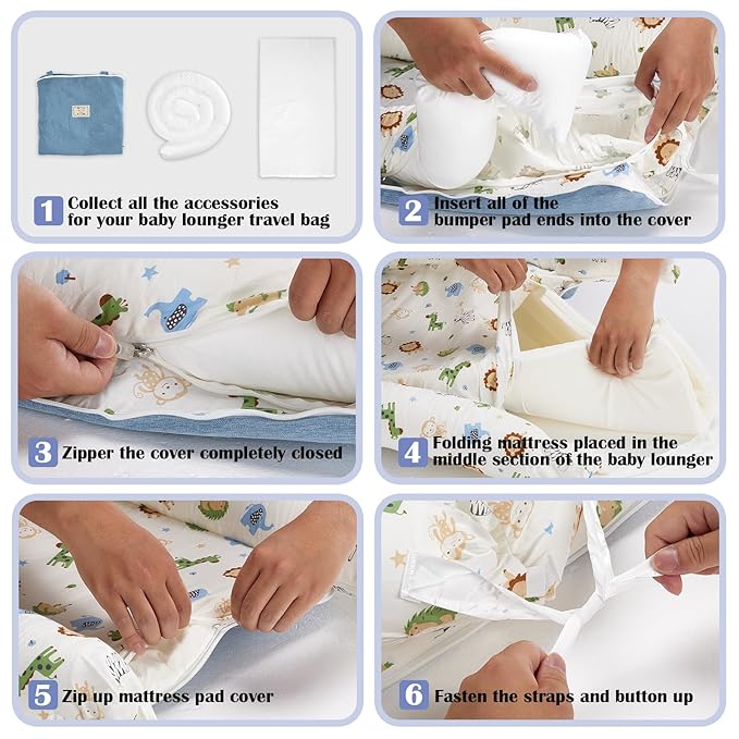 Baby Lounger for Newborn Portable Bag,Baby Nest Play Gym mat with Strap,Newborn Lounger Adjustable Size & Inner Zipper Lengthen Space to 24 Months,Animal World Blue