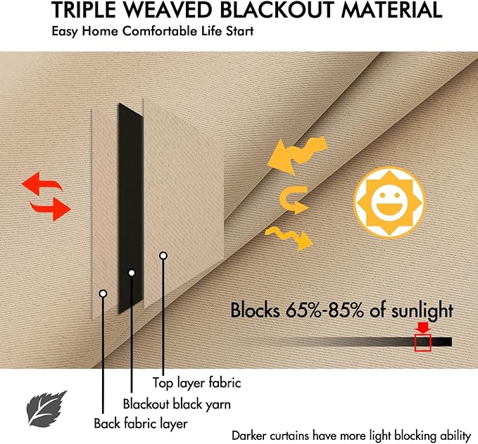 ANRODUO Back Tab Blackout Curtains for Bedroom Living Room, Rod Pocket Pinch Pleated Thermal Insulated Room Darkening Curtains 72 Inches Long 2 Panels, Beige, 42 x 72 Inch