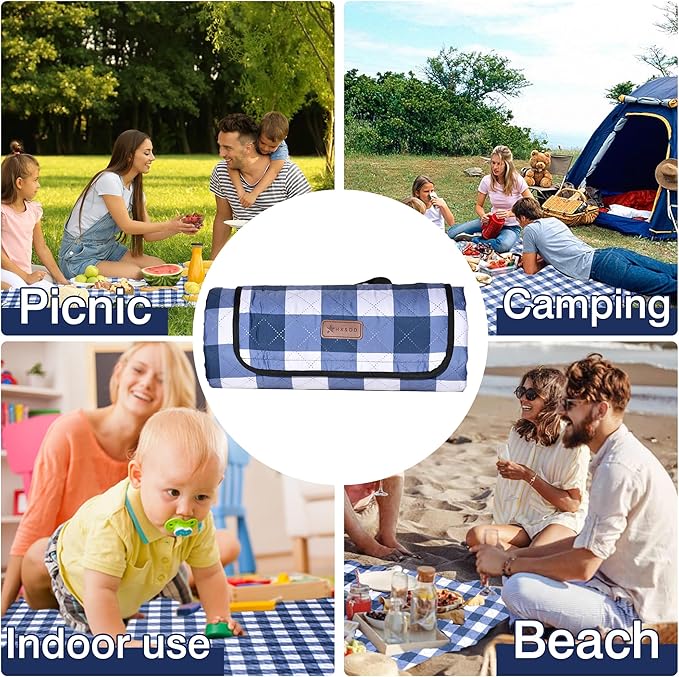 HX&OD Outdoor Picnic Blanket, Extra Large, 80''x60'' Waterproof Foldable Blankets Gingham Picnic Mat for Beach, Camping Grass Lawn Park Accessories Cute Couple Ideas Wedding (Blue, 80”x60”)