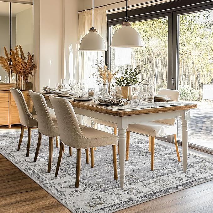 jinchan 8x10 Area Rugs for Living Room - Machine Washable Vintage Floral Distressed Design Stain Resistant Boho Carpet Low Pile Non-Slip Rug for Bedroom Dining Room Home Office (8‘x10',Grey)