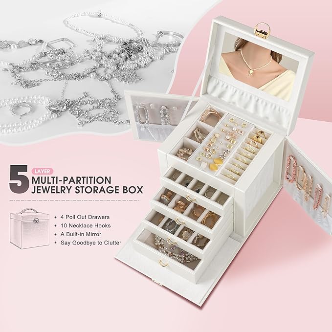 5-Layer Jewelry Box with 4 Drawers, Huge Portable Jewelry Organizer with Lock and Mirror for Women, for Necklace Ring Earring Bracelet Storage, Lockable Jewelry Case, White