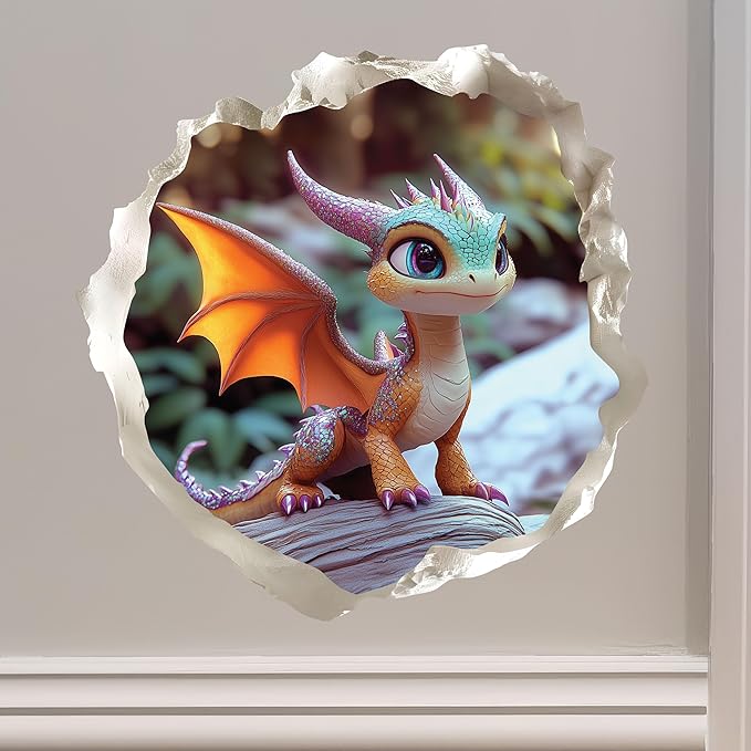 Baby Dragon 3D Wall Decal – Cute Fantasy Sticker with Torn Wall Effect – 4.7W x 4.5H inches