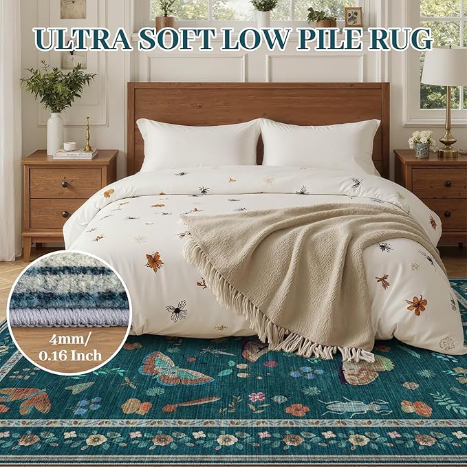 6x9 Rugs for Living Room with Insect Print - Bug Rug Non-Silp Stain Resistant Soft Carpet for Bedroom, Low Pile Ultra-Thin Machine Washable Carpet for Dining Room, Kids Nursery, Office (6'x9' Teal)