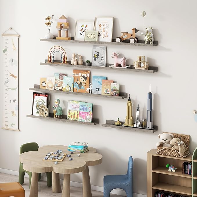 Fun Memories Picture Ledge Shelf, 36 Inch Floating Shelves for Wall, Nursery Bookshelf for Storage, Rustic Elm Wood Photo Ledge Shelves for Bedroom, Living Room, Kitchen (Grey, 36in Set of 2)