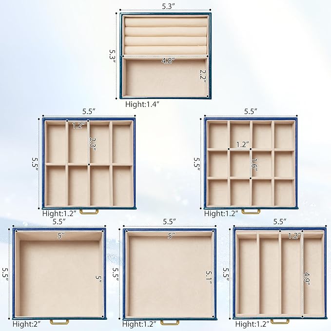 AKOZLIN 6-Tier Jewelry Box Lockable Leather Jewelry Storage Case with 5 Drawers for Women Girls Ring Necklace Earring Bracelet Holder Organizer with Mirror Blue