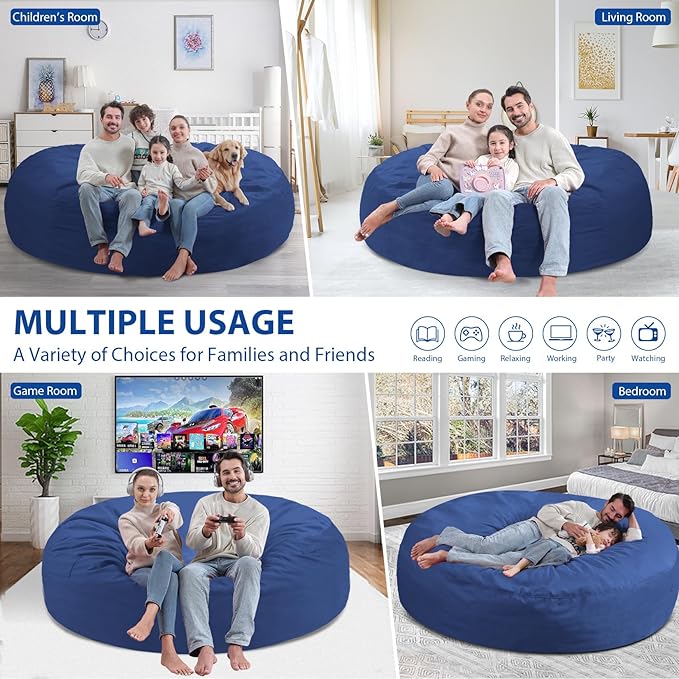 7FT Bean Bag Chair, Large Bean Bag Chairs with Memory Foam Filled, Fluffy Beanbag Sofa with Dutch Velvet Cover, Round BeanBag Chairs for Living Room, Playroom - Blue