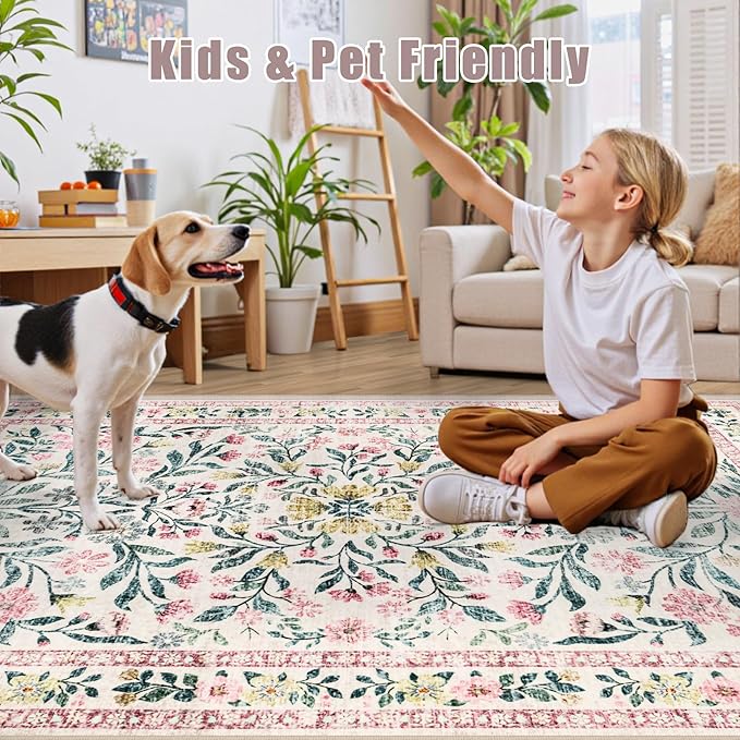 Area Rug Living Room Rugs: Floral 5x7 Washable Rug Vintage Soft Boho Non-Slip Carpet Indoor Stain Resistant Large Carpets for Bedroom Dining Room Farmhouse Nursery Hallway Home Office Pink Green