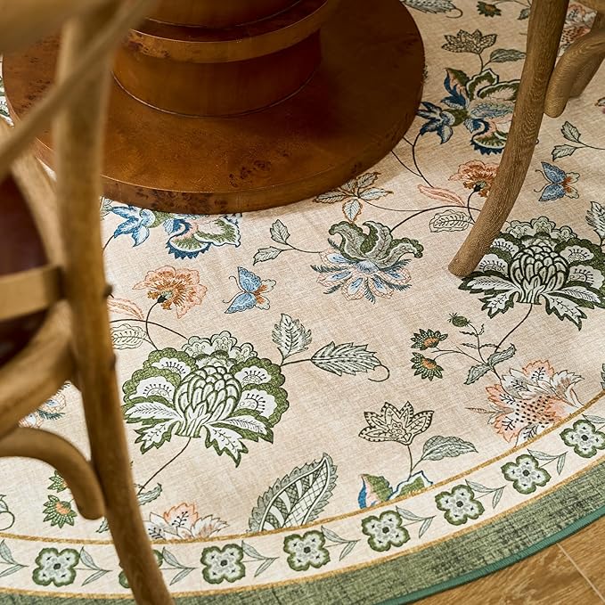 jinchan 8ft Floral Round Rug for Dining Room Washable Living Room Rug Vintage Romance Design Non Slip Indoor Floor Cover Lightweight Low-Profile Throw Carpet for Bedroom Porch Patio, Green/Beige