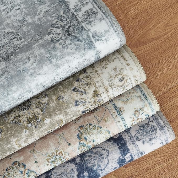 jinchan Hallway Runner Rug 3x8 Washable Runner - Vintage Floral Non Slip Low-Pile Soft Thin Faux Wool Kitchen Rug Distressed Carpet for Farmhouse Bedroom Laundry Room(3x8ft,Grey)