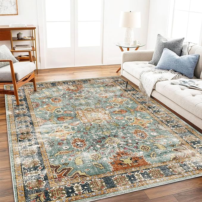 Area Rug 8'x10' Washable Rug Vintage Traditional Mat Distressed Indoor Foldable Thin Retro Accent Floral Print Non Slip Carpet for Living Room Dining Room Office