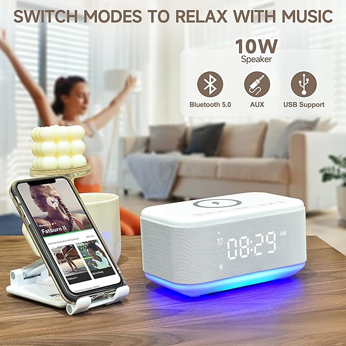 Alarm Clock Speaker Wireless Charger, Digital Alarm Clocks Bedrooms Bluetooth, Alarm Clock Dimmable Light Bedrooms Dual Alarm Snooze Dimmer 12 24H RGB Night Light Bluetooth USB AUX, White