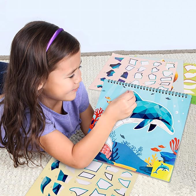 90shine 4PCS Crafts for Kids Ages 4-8 Sticker Paint Books Includes Dinosaur Marine Land Animals Multicolored Design Gifts Create 40 Pictures