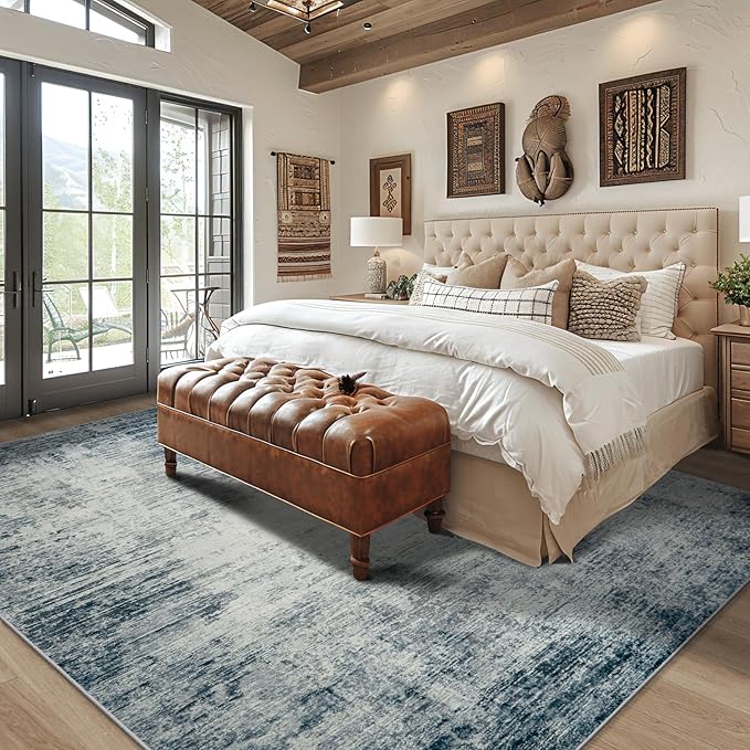 Area Rug 9x12 Washable Rugs: Abstract Large Living Room Rugs with Non-Slip Backing, Stain Resistant Indoor Floor Carpet for Bedroom Dining Room Table Nursery Hallway Home Office-Blue/Ivory