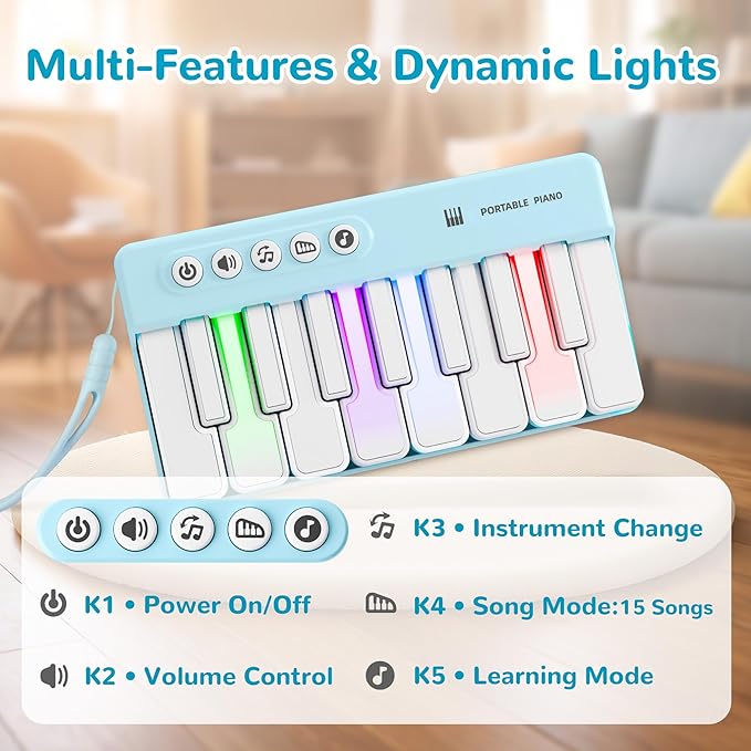 iPlay, iLearn Kids Mini Piano Toy W/Rainbow Lights, Portable Travel Piano Keyboard Toddlers Musical Instrument Learning Toys, Music Interactive Birthday Gift for 2 3 4 5 6 Year Old Boys Children