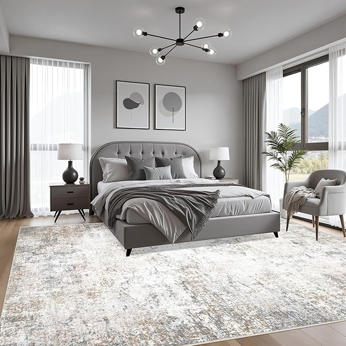 9x12 Area Rug Living Room Rug: Washable Modern Abstract Soft Thin Rug Indoor Floor No Slip Stain Resistant Carpet for Bedroom Dining Room Farmhouse Nursery Home Office - Brown Grey