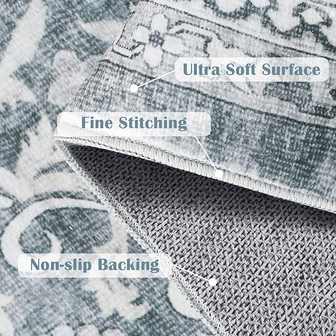 jinchan Floral Area Rugs 4x6 - Machine Washable Vintage Distressed Boho Design Throw Rug Stain Resistant Carpet Low Pile Ultra-Thin Non-Slip for Bedroom Living Room Dining Room Kitchen (4‘x6',Grey)