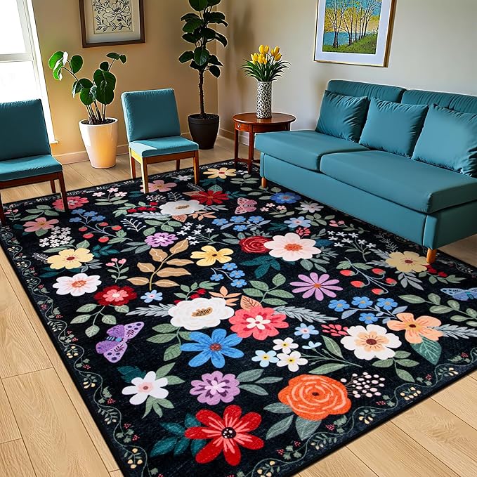Area Rugs 9x12 Living Room: Floral Washable Rug Vintage Large Soft Boho Non-Slip Carpet Indoor Floor Stain Resistant Low Pile Carpets for Bedroom Dining Room Farmhouse Nursery Home Office Black
