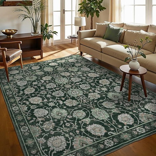 6x9 Area Rug for Living Room & Bedroom, Washable Non-Slip Floral Rugs, Soft Vintage Carpet, Low Pile Wool Carpets for Indoor Dining Home Office Playroom Under Table, Modern Decor, Dark Green