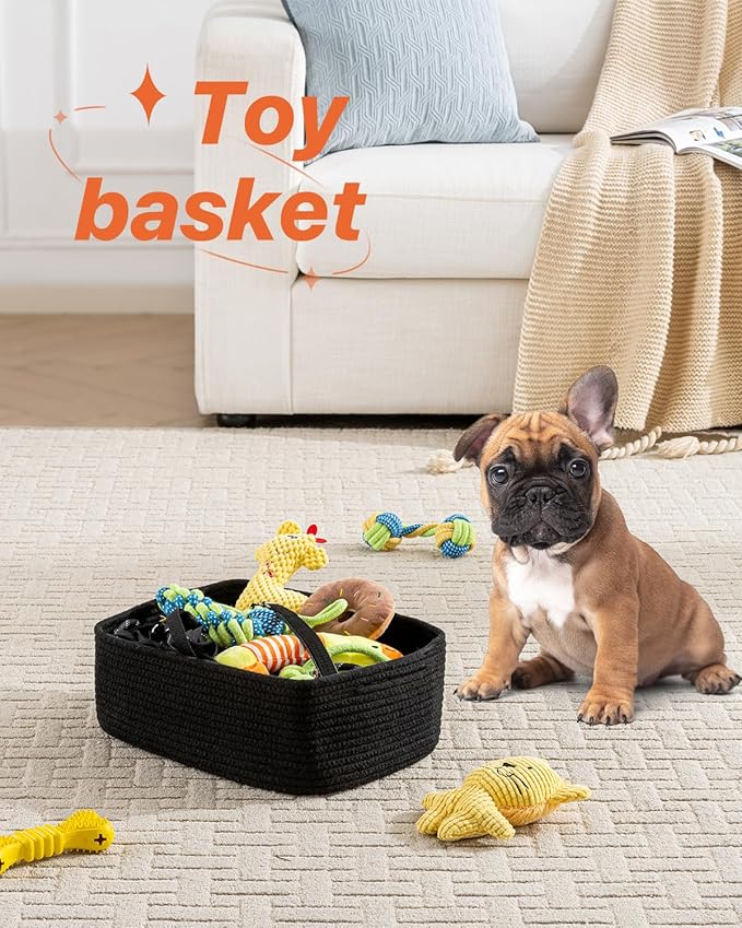 KALLAX Small Woven Basket, 13.5 x 9.5 x 5 Inches, Storage Basket for Organizing, Cute Small Rope Shelf Closet Cube Storage Bins Baskets for Shelves, Dog Toy Gift Baskets Empty, 3 Packs, Black