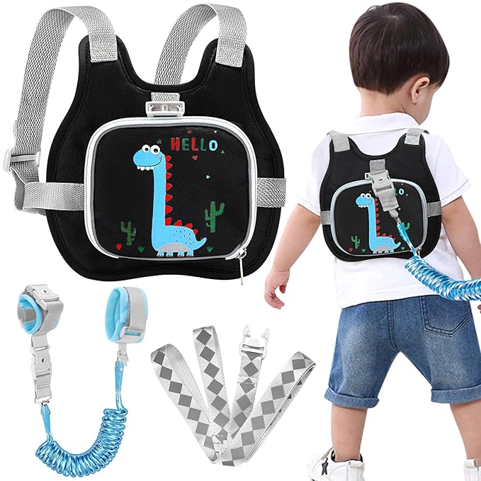 Accmor Toddler Harness Leash+ Reflective Anti Lost Wrist Link, Cute Dinosaur Kids Harness with Leash, Foldable Child Harness Baby Leash Boys Walking Wristband Assistant Belt for Outdoor Travel