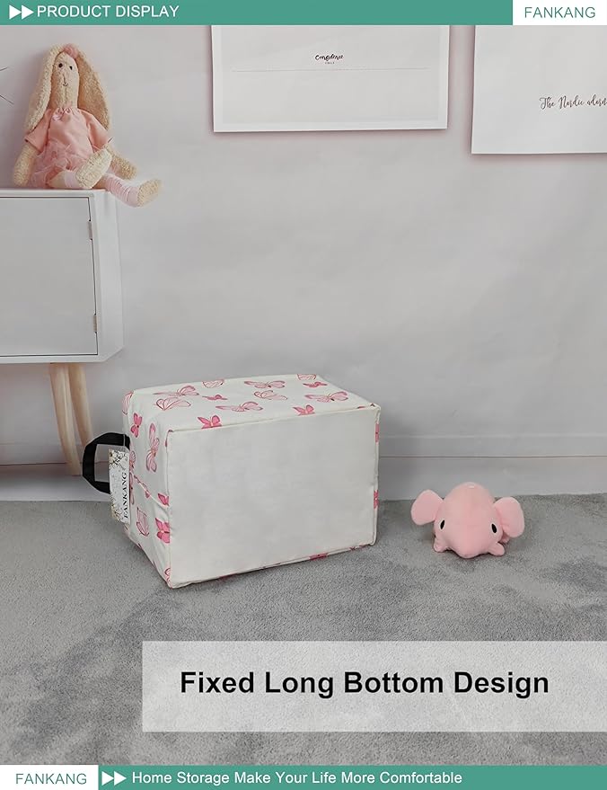 FANKANG Storage Bins, Nursery Hamper Canvas Laundry Basket Foldable with Waterproof PE Coating Large Storage Baskets for Kids Boys and Girls, Office, Bedroom, Clothes,Toys(Rec-pink butterfly