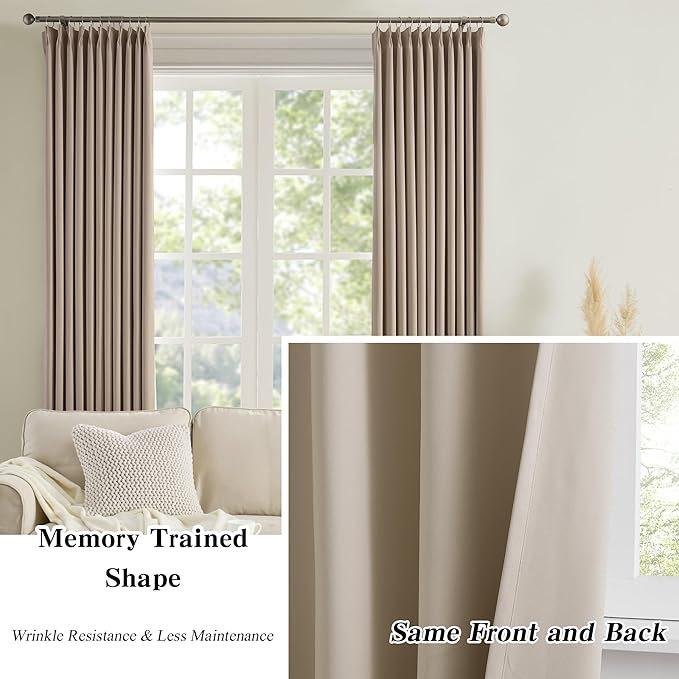 KEQIAOSUOCAI 60 Wide Pinch Pleated Window Curtain Panels 105 Inches Long Custom Made Pleated Curtains Hooks Track Privacy Memory Shape Drape for Living Room,Khaki, Set of 2=120 Inch Wide