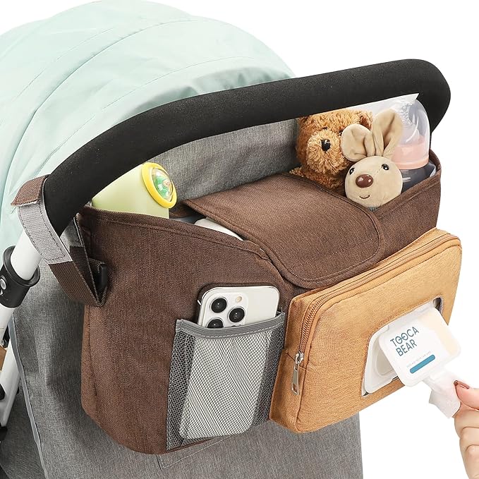 Accmor Universal Stroller Organizer with Insulated Cup Holder, Stroller Caddy Bag Accessories, Stroller Cup Holder Organizer for Uppababy Baby Jogger Britax Stroller, Brown