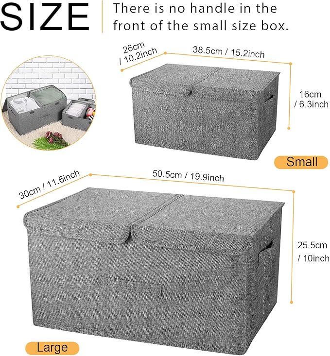 2 Pack Large Storage Boxes with Lids and Handles, Collapsible Linen Storage Bins Organizer Containers Baskets Cube with Removable Divider for Home Bedroom Closet Office (Khaki, Large)