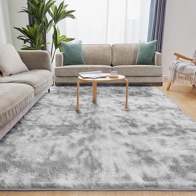 6x9 Area Rugs for Living Room, Fluffy Shaggy Bedroom Rug Indoor Carpet, Anti-Skid Soft High Pile Rug for Nursery, Kids Room, Bedside, Home Decoration, Tie-Dyed Light Grey