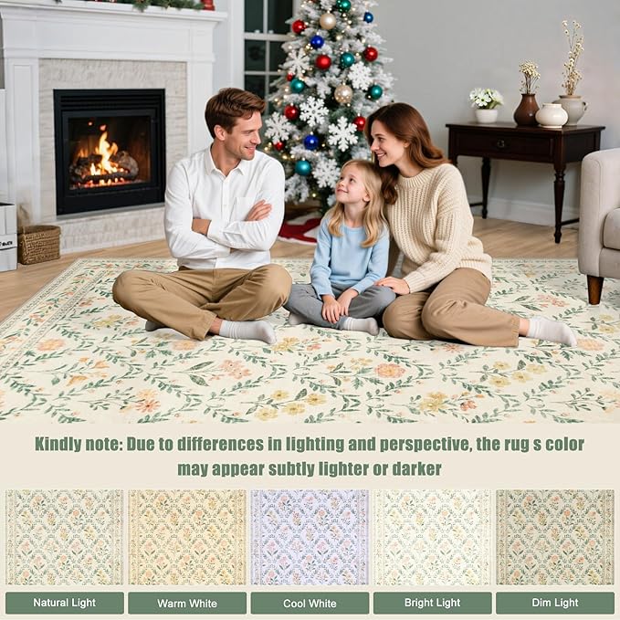 8x10 Area Rugs for Living Room: Floral Washable Rug Vintage Large Soft Boho Non-Slip Carpet Indoor Floor Stain Resistant Carpets for Bedroom Dining Room Farmhouse Nursery Home Office Beige/Multi
